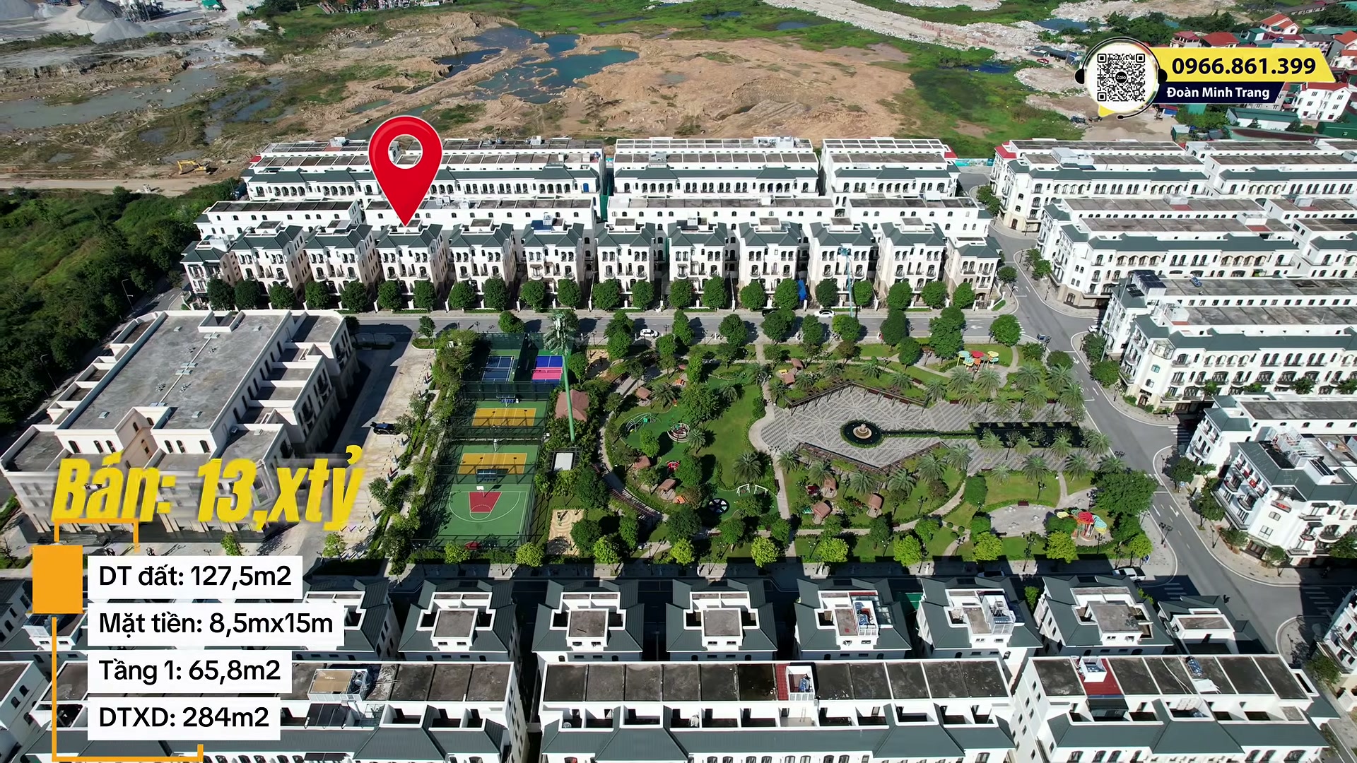Ảnh flycam phân khu Chà Là, ghim đỏ đánh dấu căn song lập Chà Là 13 cạnh công viên nội khu, kèm thông số đất 127,5 m2